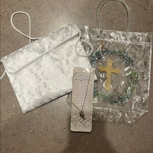 First Communion set White Floral Clutch and Clear Tote with Gold Cross